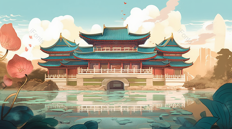 正面倒影中国古代亭台楼阁绿色自然风景斗拱古建筑湖泊插画,插画/手绘图,插画/手绘图库,插画/手绘图下载,插画/手绘